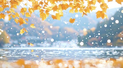 Canvas Print - Golden autumn leaves falling on a calm lake with snowy mountains in the background.