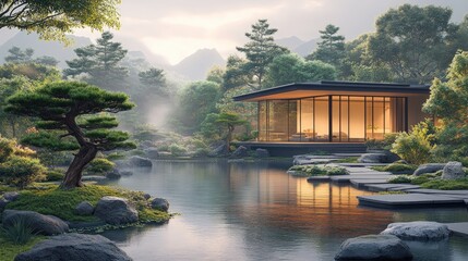 Wall Mural - Modern glass house, serene pond, lush garden.