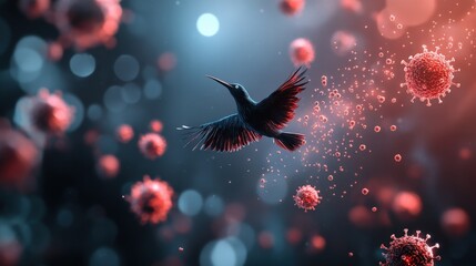 Fototapete - Surreal Representation of a Bird in Flight Surrounded by Abstract Virus Cells Against a Soft Focused Background in Red and Blue Tones