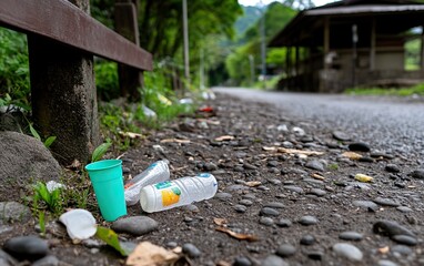 Littered roadside scene with plastic bottles and trash on the ground near a wooden bench and a deserted pathway surrounded by greenery.