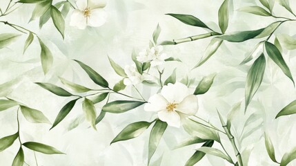 Wall Mural - Floral patterns and bamboo leaves nature scene digital artwork calm environment aesthetic view serenity concept