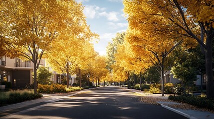 Wall Mural - A street corner in an urban area with newly planted trees, their leaves turning golden in the autumn. The trees are strategically placed to provide shade and beauty to the neighborhood. 