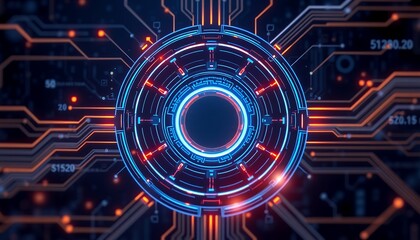 Futuristic Technology Interface: Abstract Digital Circuitry and Glowing Circular Design