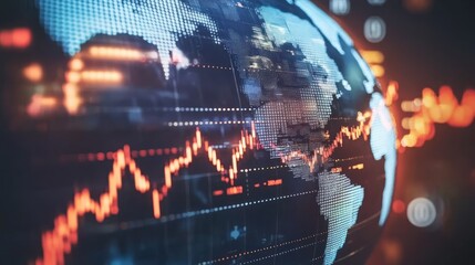 Interactive globe with stock market connections highlighted, glowing trails across continents 