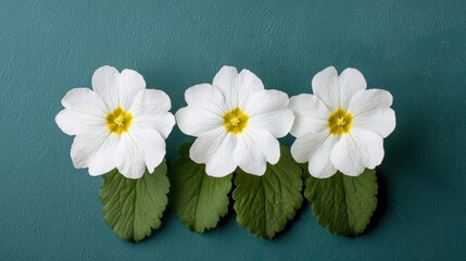 Wall Mural - White Primrose Flowers with Green Leaves on Teal Background