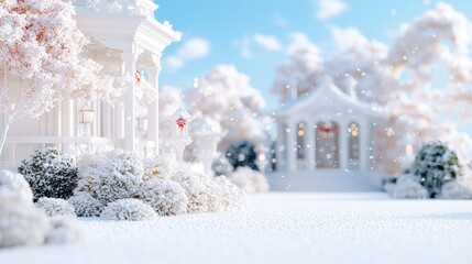 Wall Mural - Snowy winter scene with white houses and snow-covered bushes.