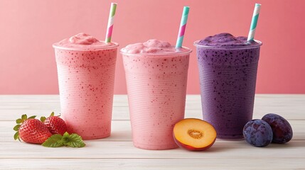 Sticker - Colorful Fruit Smoothies in Three Cups with Straws and Fresh Fruits