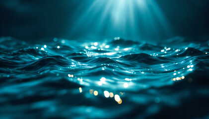 Wall Mural - Glimmering waves of a deep blue ocean with shimmering light rays breaking through the surface.