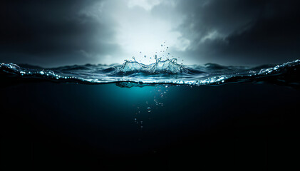 Wall Mural - A dark, stormy ocean with crashing waves and a dramatic cloudy sky above. The water is a deep blue-green color and there are splashes of water droplets in the air, with lightning in the sky.