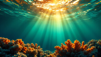 Wall Mural - Underwater coral reef with sunlight beams shining through the water, creating a vibrant and colorful scene.