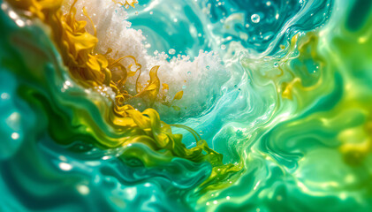Wall Mural - Vibrant abstract fluid art with swirling teal, yellow, and white colors creating a dynamic and ethereal composition.