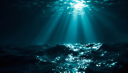 Wall Mural - Underwater ocean scene with sunlight beams shining through the water, creating a serene and tranquil atmosphere.