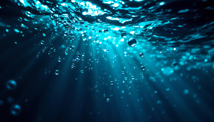 Wall Mural - The underwater scene with shimmering light rays and bubbles, suggests a deep, mysterious ocean environment.