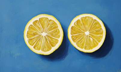 Sticker - Bright Yellow Lemon Slices on Vibrant Blue Background Artistic Display