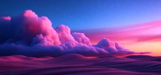 Wall Mural - Pink and purple clouds over a desert landscape at sunset.