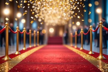 Wall Mural - A red carpet path on a bokeh background with lights, glitters at night during Christmas, featuring a blurred, festive atmosphere in an urban setting