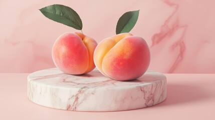 Poster - Fresh and Juicy Peaches Displayed on Marble Surface in Soft Lighting