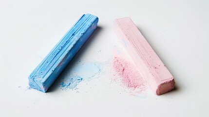 Two chalk pieces, one blue and one pink, on a white background creating a vibrant contrast.