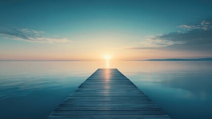 Sticker - A peaceful scene captures a wooden pier extending into a tranquil sea, illuminated by the gentle light of a setting sun beneath a serene blue sky. Ideal for relaxation imagery with copy space.