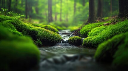 Sticker - Serene forest stream flowing gently through lush green moss, capturing the tranquil beauty of nature with inviting spaces for text and design elements.