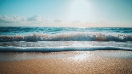 Sticker - Close-up view of a sandy beach with waves crashing against the shore, capturing the essence of natures beauty. Ideal for highlighting the tranquility of a sandy beach scene with ample copy space.