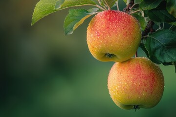 Poster - Fresh Apples on Tree Branch with Dew Drops in Soft Natural Light