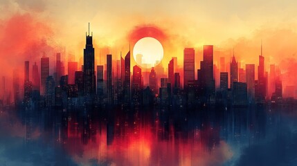 Wall Mural - City skyline reflected, sunset, vibrant colors.