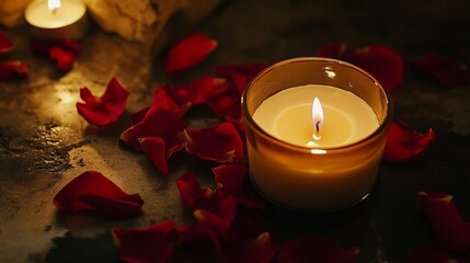 Wall Mural - Cozy candlelit ambiance with red rose petals on a dark surface