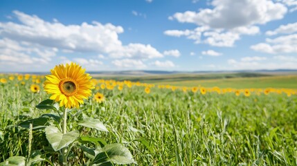 Sticker - Vibrant sunflower in a vast field under a sunny sky.