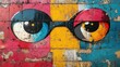 © Ali - Colorful graffiti eyes on weathered brick wall.