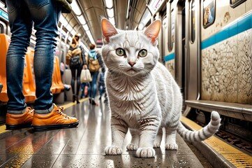 Wall Mural - A white cat walks on a subway train with a person in orange shoes