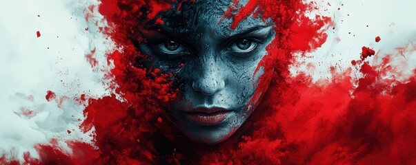 Wall Mural - Striking Portrait of a Face Emanating through Red and Blue Powdered Paint with Intense Expression and Detailed Artistic Textures