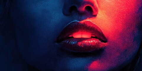 Wall Mural - Close-up of a Woman's Lips Bathed in Dramatic Red and Blue Lighting, Showcasing Texture and Color Contrast in a Vivid and Artistic Composition