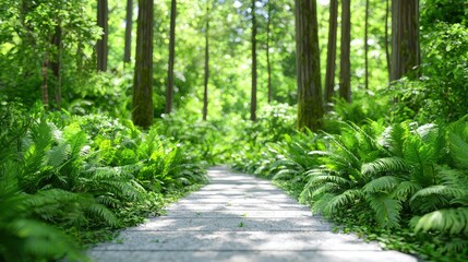 Canvas Print - Sunlit path through lush green forest with ferns.