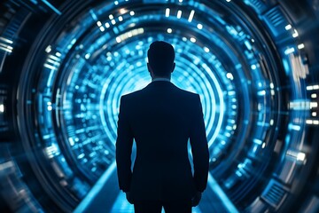 businessman facing futuristic technology tunnel. concept of innovation, future, and progress.
