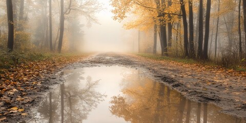 Wall Mural - Foggy morning scene featuring a puddle after rain, creating a serene atmosphere with reflections. This foggy morning captures the essence of tranquility and nature s beauty reflected in the puddle.