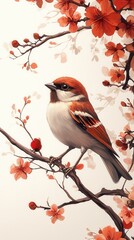 Naklejka na meble A beautifully illustrated bird perched on a branch adorned with delicate flowers, capturing the essence of nature's beauty.