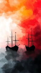 Poster - Two silhouette ships sail through a vibrant watercolor sunset, blending fiery reds and soft grays, creating a dramatic maritime scene.