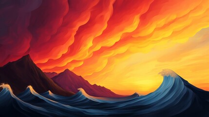 Wall Mural - A vibrant sunset illuminates a dramatic seascape, with rolling waves beneath colorful clouds and silhouettes of distant mountains.