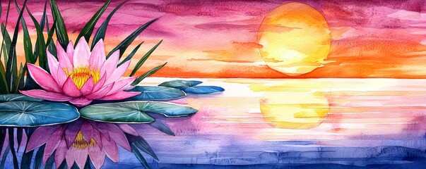 Wall Mural - A serene watercolor scene featuring a pink lotus flower on water, with vibrant sunset colors reflected in the calm surface.