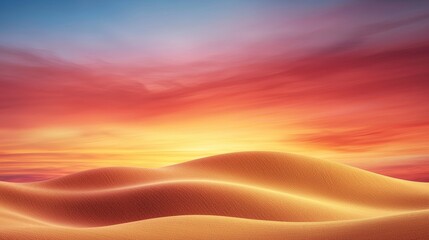 Wall Mural - A serene desert landscape featuring rolling sand dunes under a colorful sunset sky, blending warm hues of orange, pink, and blue.