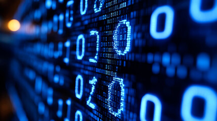 Binary code flowing on a digital screen.