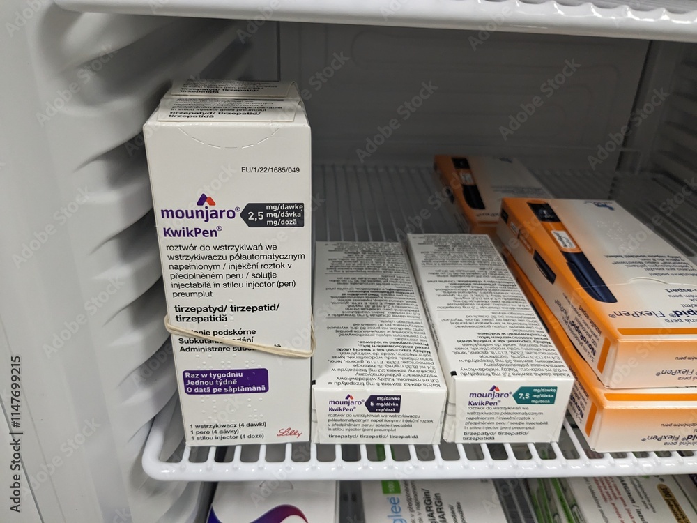 Photo Stock Prague,Czech Republic-December 29 2024: Mounjaro by ELI LILLY  contains TIRZEPATIDE, a dual-acting treatment for type 2 diabetes, designed  to improve blood sugar control and aid weight management