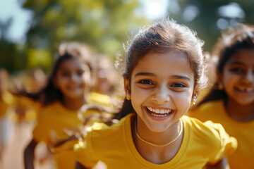 Wall Mural - A group of smiling girls of Indian ethnicity running together in the outdoor