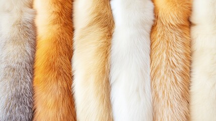 luxury fashion collection of colorful fur textures, soft pelts, closeup view, assorted furs in vario