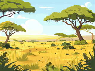 Animated Woodland Savanna Landscape: Scattered Trees and Grassy Plains in Vivid Vector Art