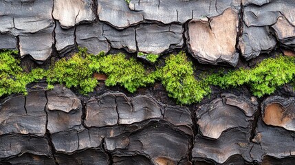 Sticker - Dark tree bark texture with vibrant green moss. Ideal for nature, environmental, or rustic themed designs.