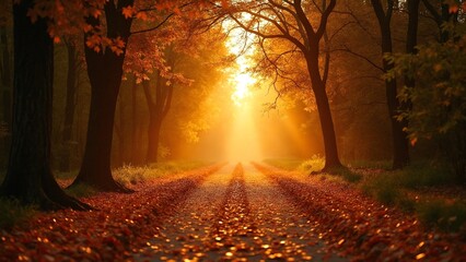 Poster - A serene autumn path illuminated by the sun, with trees shedding their leaves