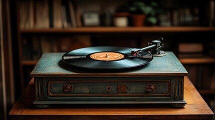 Wall Mural - Vintage record player spins vinyl on wooden table.