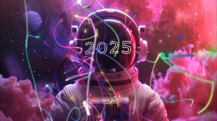 Wall Mural - Futuristic Astronaut in Neon Space with 2025 Overlay. Seamless loop video background.